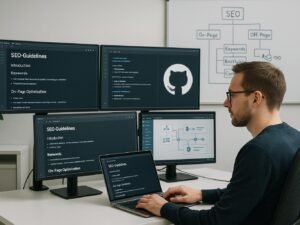 Modernes Büro-Setup mit Monitoren, Entwickler am Laptop und Whiteboard mit SEO-Diagrammen, technische Tools und aufgeräumte Umgebung
