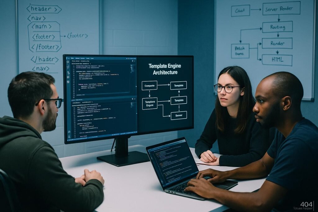 Mehrere Entwickler in einem modernen Büro, um einen großen Bildschirm mit Code und Diagrammen zur Template-Engine-Architektur, Whiteboards im Hintergrund mit Skizzen zu HTML-Strukturen und Server-Render-Pipelines, Fokus auf Webentwicklung im SEO-Kontext.