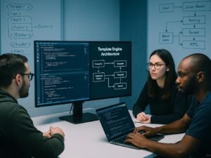 Mehrere Entwickler in einem modernen Büro, um einen großen Bildschirm mit Code und Diagrammen zur Template-Engine-Architektur, Whiteboards im Hintergrund mit Skizzen zu HTML-Strukturen und Server-Render-Pipelines, Fokus auf Webentwicklung im SEO-Kontext.