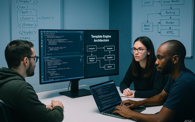 Mehrere Entwickler in einem modernen Büro, um einen großen Bildschirm mit Code und Diagrammen zur Template-Engine-Architektur, Whiteboards im Hintergrund mit Skizzen zu HTML-Strukturen und Server-Render-Pipelines, Fokus auf Webentwicklung im SEO-Kontext.