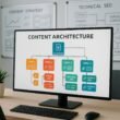 Modernes Büro mit digitaler Content-Architektur auf Bildschirm, Whiteboards mit Content-Strategie-Diagrammen und HTML-Logik im Hintergrund