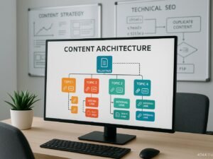 Modernes Büro mit digitaler Content-Architektur auf Bildschirm, Whiteboards mit Content-Strategie-Diagrammen und HTML-Logik im Hintergrund