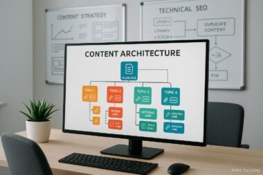 Modernes Büro mit digitaler Content-Architektur auf Bildschirm, Whiteboards mit Content-Strategie-Diagrammen und HTML-Logik im Hintergrund