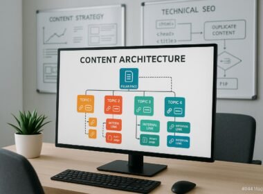 Modernes Büro mit digitaler Content-Architektur auf Bildschirm, Whiteboards mit Content-Strategie-Diagrammen und HTML-Logik im Hintergrund