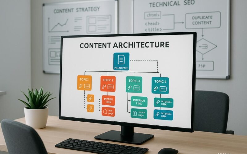 Modernes Büro mit digitaler Content-Architektur auf Bildschirm, Whiteboards mit Content-Strategie-Diagrammen und HTML-Logik im Hintergrund