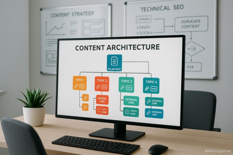 Modernes Büro mit digitaler Content-Architektur auf Bildschirm, Whiteboards mit Content-Strategie-Diagrammen und HTML-Logik im Hintergrund