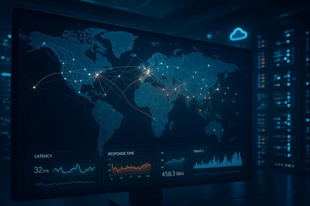 Eine detaillierte Weltkarte mit vernetzten Knoten, Datenströmen, Edge-Servern und einer futuristischen Serverraum-Umgebung, die Geschwindigkeit und technologische Raffinesse zeigt.