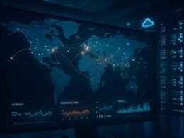Eine detaillierte Weltkarte mit vernetzten Knoten, Datenströmen, Edge-Servern und einer futuristischen Serverraum-Umgebung, die Geschwindigkeit und technologische Raffinesse zeigt.