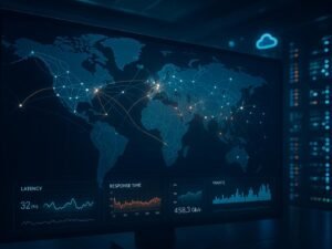 Eine detaillierte Weltkarte mit vernetzten Knoten, Datenströmen, Edge-Servern und einer futuristischen Serverraum-Umgebung, die Geschwindigkeit und technologische Raffinesse zeigt.