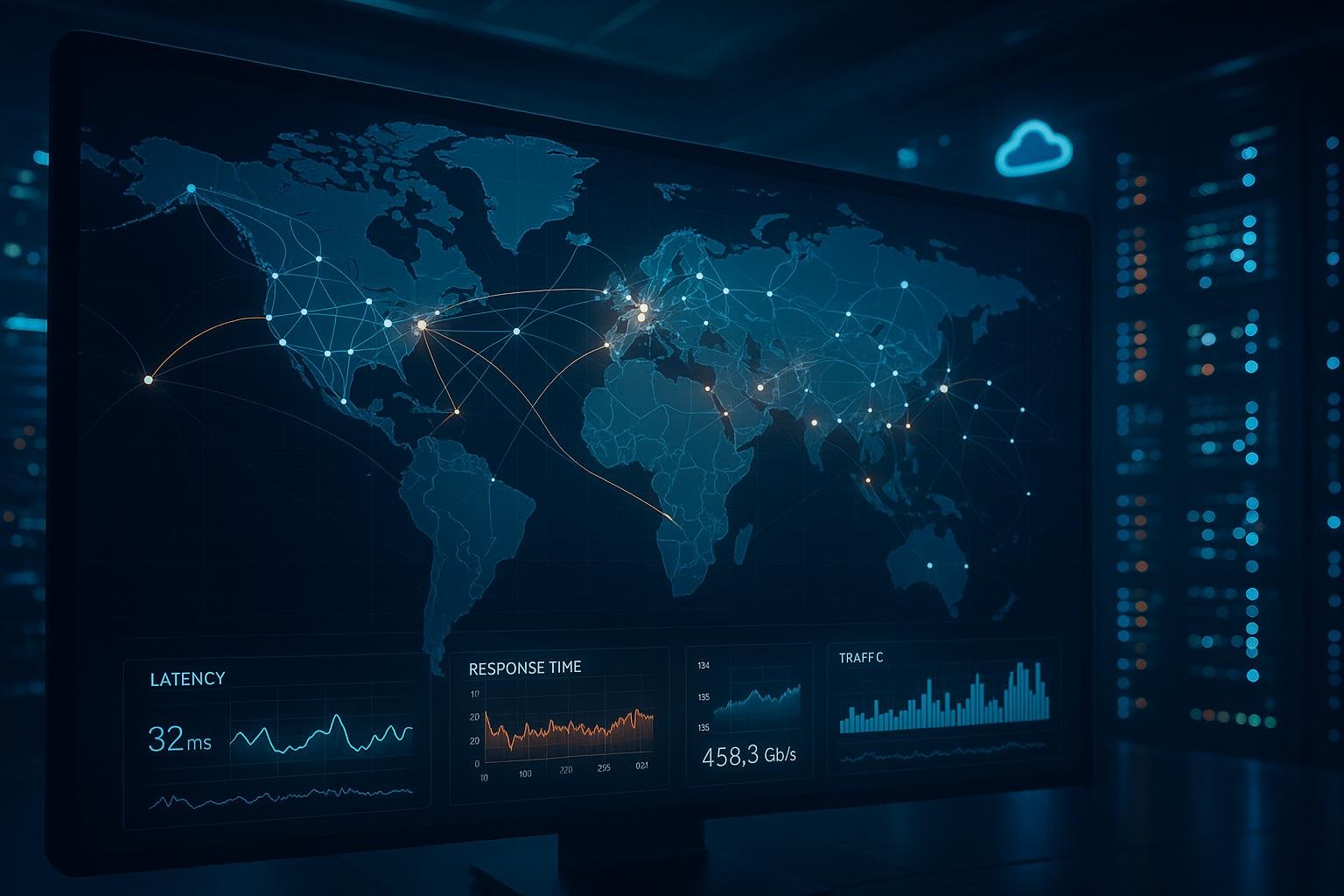 Eine detaillierte Weltkarte mit vernetzten Knoten, Datenströmen, Edge-Servern und einer futuristischen Serverraum-Umgebung, die Geschwindigkeit und technologische Raffinesse zeigt.