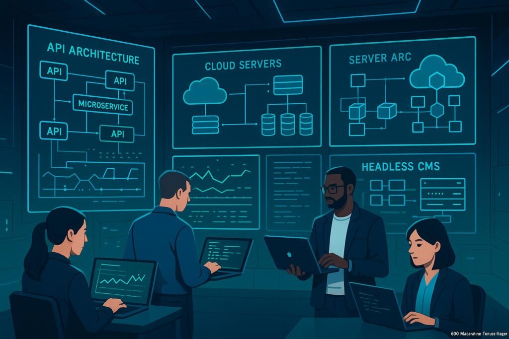Futuristisches Control-Center mit Fachleuten, großen Bildschirmen und schematischen Visualisierungen von Cloud-Servern und Microservices, in minimalistischer Gestaltung.
