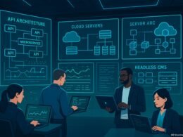 Futuristisches Control-Center mit Fachleuten, großen Bildschirmen und schematischen Visualisierungen von Cloud-Servern und Microservices, in minimalistischer Gestaltung.