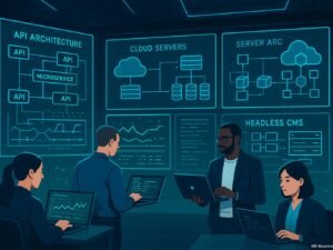 Futuristisches Control-Center mit Fachleuten, großen Bildschirmen und schematischen Visualisierungen von Cloud-Servern und Microservices, in minimalistischer Gestaltung.