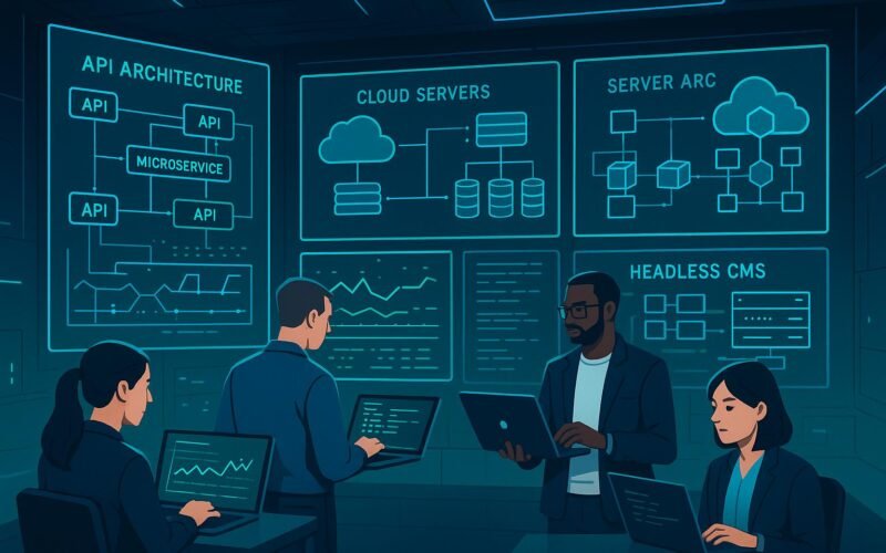 Futuristisches Control-Center mit Fachleuten, großen Bildschirmen und schematischen Visualisierungen von Cloud-Servern und Microservices, in minimalistischer Gestaltung.