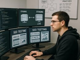 IT-Fachmann an einem modernen Arbeitsplatz mit mehreren Monitoren, die Code, SEO-Analysen und Sicherheitskonfigurationen zeigen