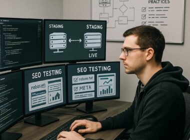 IT-Fachmann an einem modernen Arbeitsplatz mit mehreren Monitoren, die Code, SEO-Analysen und Sicherheitskonfigurationen zeigen