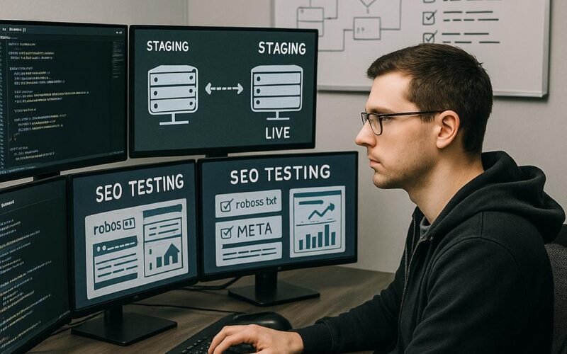 IT-Fachmann an einem modernen Arbeitsplatz mit mehreren Monitoren, die Code, SEO-Analysen und Sicherheitskonfigurationen zeigen