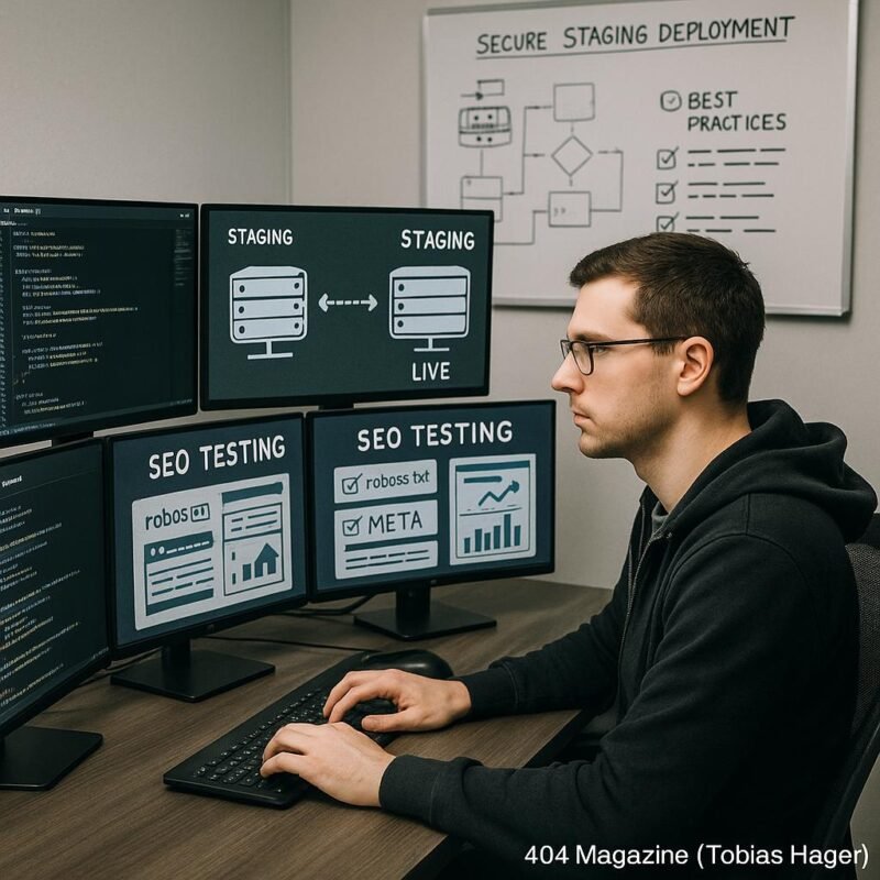 IT-Fachmann an einem modernen Arbeitsplatz mit mehreren Monitoren, die Code, SEO-Analysen und Sicherheitskonfigurationen zeigen