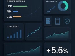 Modernes Dashboard-Interface mit interaktiven Charts, Core Web Vitals Balken und technischen Symbolen wie Server, Mobilgeräte und Sicherheitszertifikate.