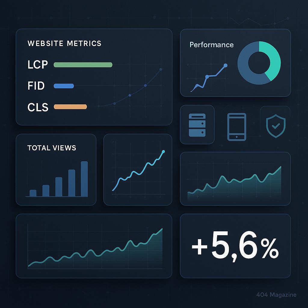 Modernes Dashboard-Interface mit interaktiven Charts, Core Web Vitals Balken und technischen Symbolen wie Server, Mobilgeräte und Sicherheitszertifikate.