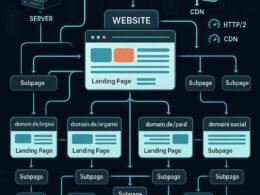 Illustration eines technischen Website-Layouts mit Hierarchie, internen Verlinkungen und Server- sowie CDN-Elementen für optimierte Performance