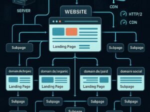 Illustration eines technischen Website-Layouts mit Hierarchie, internen Verlinkungen und Server- sowie CDN-Elementen für optimierte Performance