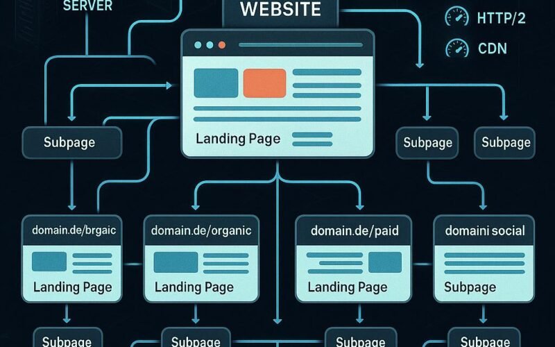 Illustration eines technischen Website-Layouts mit Hierarchie, internen Verlinkungen und Server- sowie CDN-Elementen für optimierte Performance