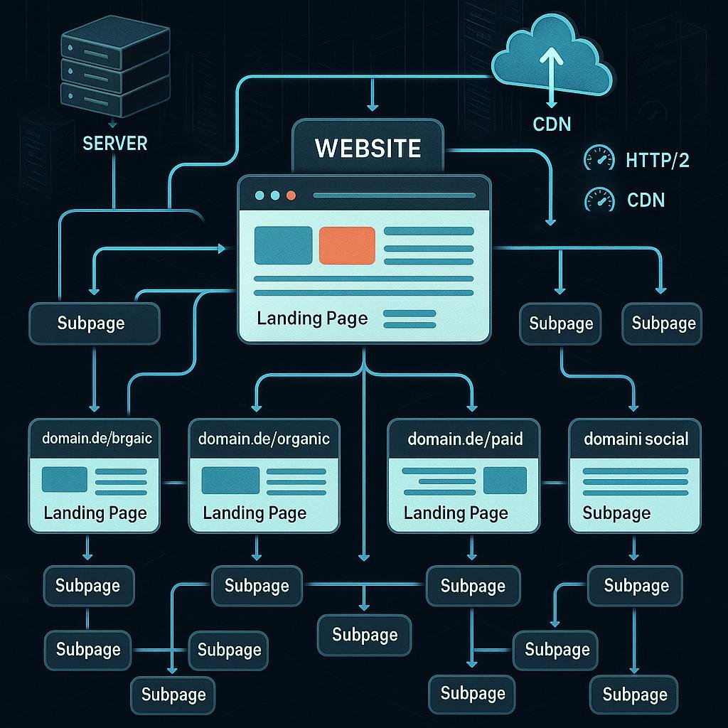 Illustration eines technischen Website-Layouts mit Hierarchie, internen Verlinkungen und Server- sowie CDN-Elementen für optimierte Performance