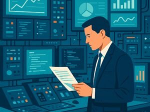 Stilisierter moderner Kontrollraum mit Bildschirmen, technischen Geräten und einer Person in Business-Kleidung, die einen Bildschirm ansieht und Dokumentation hält