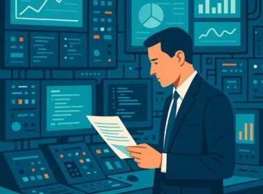 Stilisierter moderner Kontrollraum mit Bildschirmen, technischen Geräten und einer Person in Business-Kleidung, die einen Bildschirm ansieht und Dokumentation hält