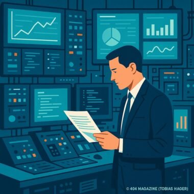 Stilisierter moderner Kontrollraum mit Bildschirmen, technischen Geräten und einer Person in Business-Kleidung, die einen Bildschirm ansieht und Dokumentation hält