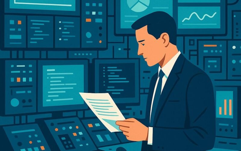 Stilisierter moderner Kontrollraum mit Bildschirmen, technischen Geräten und einer Person in Business-Kleidung, die einen Bildschirm ansieht und Dokumentation hält