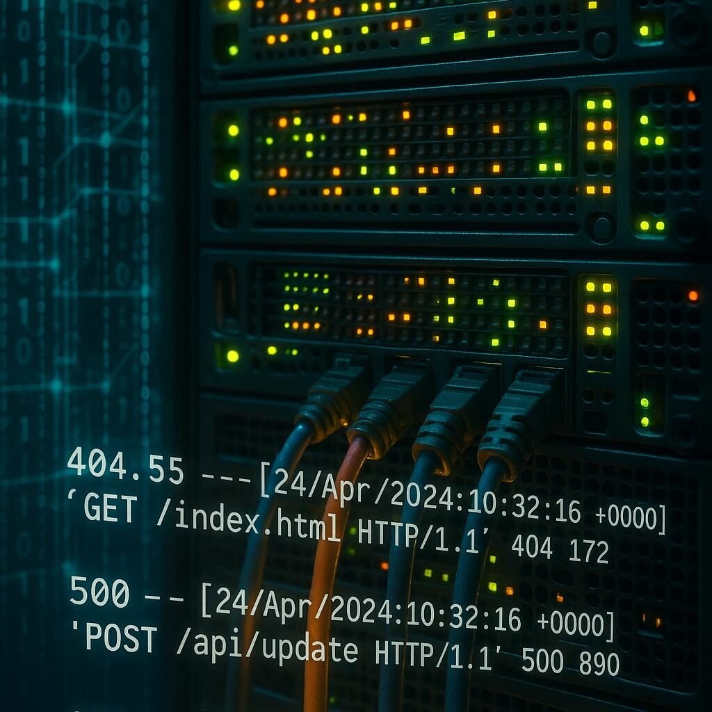 Detailliertes Close-up eines Server-Racks mit leuchtenden LED-Anzeigen, Kabeln und Logfile-Standards mit HTTP-Statuscodes wie 404, 500 und 301 im Vordergrund, symbolisierend die technische Tiefe der Server- und Logfile-Analyse für SEO.