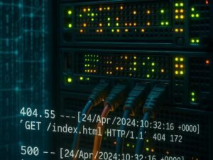Detailliertes Close-up eines Server-Racks mit leuchtenden LED-Anzeigen, Kabeln und Logfile-Standards mit HTTP-Statuscodes wie 404, 500 und 301 im Vordergrund, symbolisierend die technische Tiefe der Server- und Logfile-Analyse für SEO.