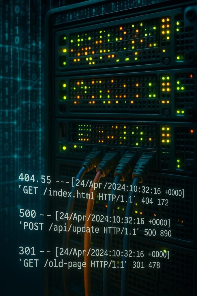 Detailliertes Close-up eines Server-Racks mit leuchtenden LED-Anzeigen, Kabeln und Logfile-Standards mit HTTP-Statuscodes wie 404, 500 und 301 im Vordergrund, symbolisierend die technische Tiefe der Server- und Logfile-Analyse für SEO.