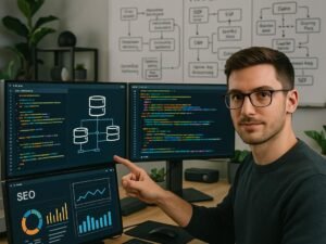 Ein hochdetaillierter digitaler Workshop mit mehreren Monitoren, Code, Serverdiagrammen und einem Entwickler, der technische Verbesserungen hervorhebt, im minimalistischen Büro mit Pflanzen und Whiteboards.