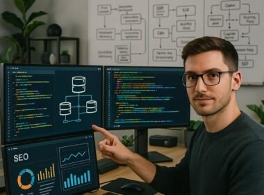 Ein hochdetaillierter digitaler Workshop mit mehreren Monitoren, Code, Serverdiagrammen und einem Entwickler, der technische Verbesserungen hervorhebt, im minimalistischen Büro mit Pflanzen und Whiteboards.