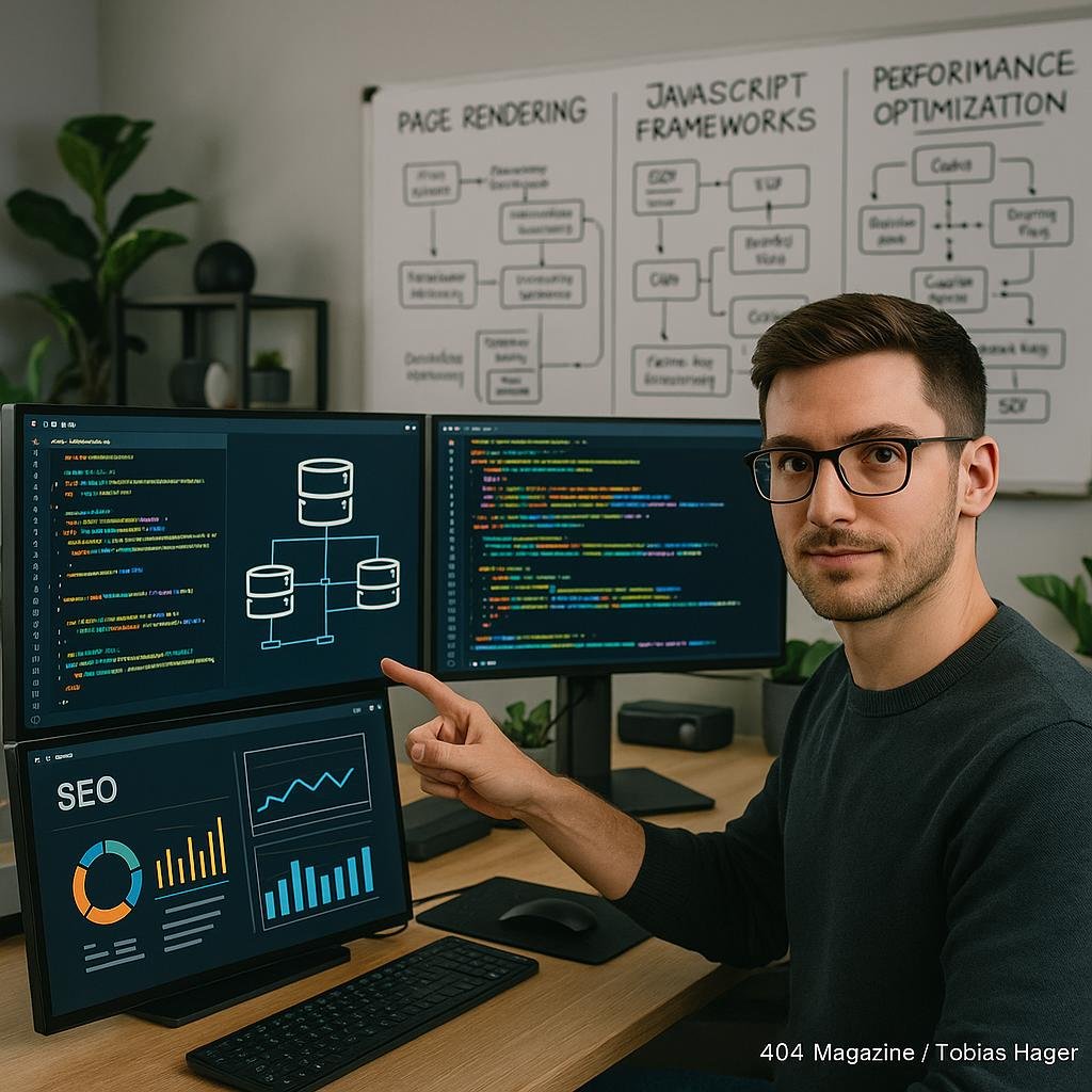 Ein hochdetaillierter digitaler Workshop mit mehreren Monitoren, Code, Serverdiagrammen und einem Entwickler, der technische Verbesserungen hervorhebt, im minimalistischen Büro mit Pflanzen und Whiteboards.