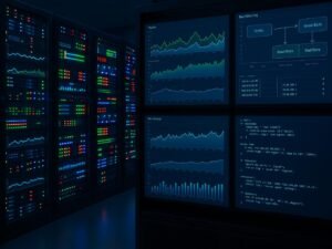 Moderner Serverraum mit leuchtenden Servern, Monitoren mit Traffic-Analysen und Diagrammen, zeigt technische Kontrolle im digitalen Traffic-Management