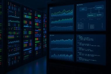 Moderner Serverraum mit leuchtenden Servern, Monitoren mit Traffic-Analysen und Diagrammen, zeigt technische Kontrolle im digitalen Traffic-Management