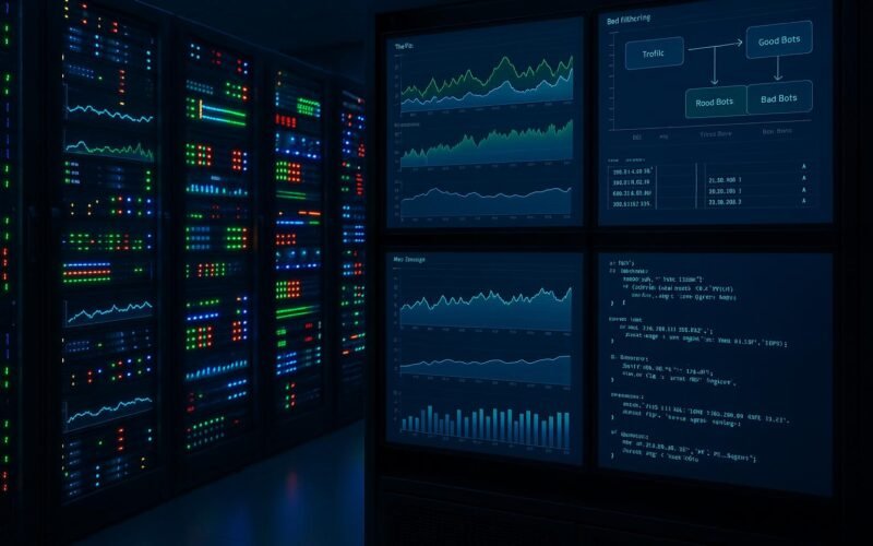 Moderner Serverraum mit leuchtenden Servern, Monitoren mit Traffic-Analysen und Diagrammen, zeigt technische Kontrolle im digitalen Traffic-Management