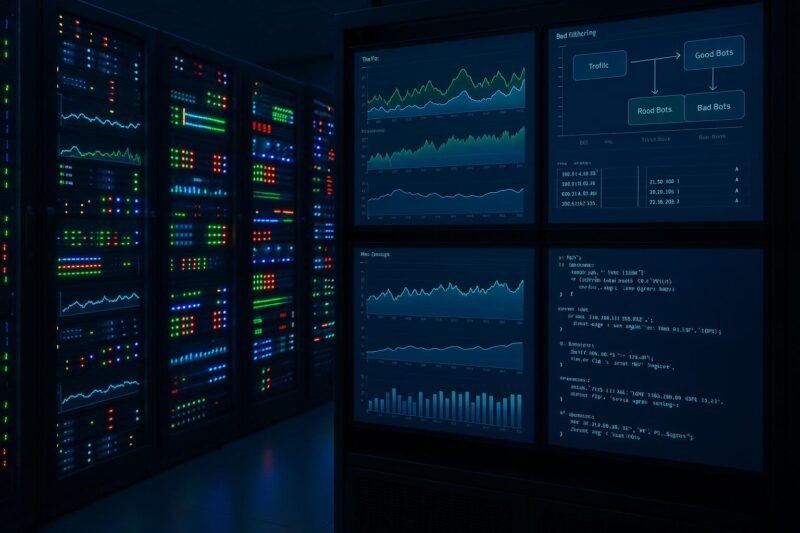 Moderner Serverraum mit leuchtenden Servern, Monitoren mit Traffic-Analysen und Diagrammen, zeigt technische Kontrolle im digitalen Traffic-Management