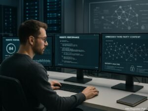 Entwickler in einem modernen, technischen Büro mit Monitoren, Server-Racks und Netzwerkdiagrammen im Hintergrund, fokusiert auf Performance-Analyse und Sicherheitsoptimierung.
