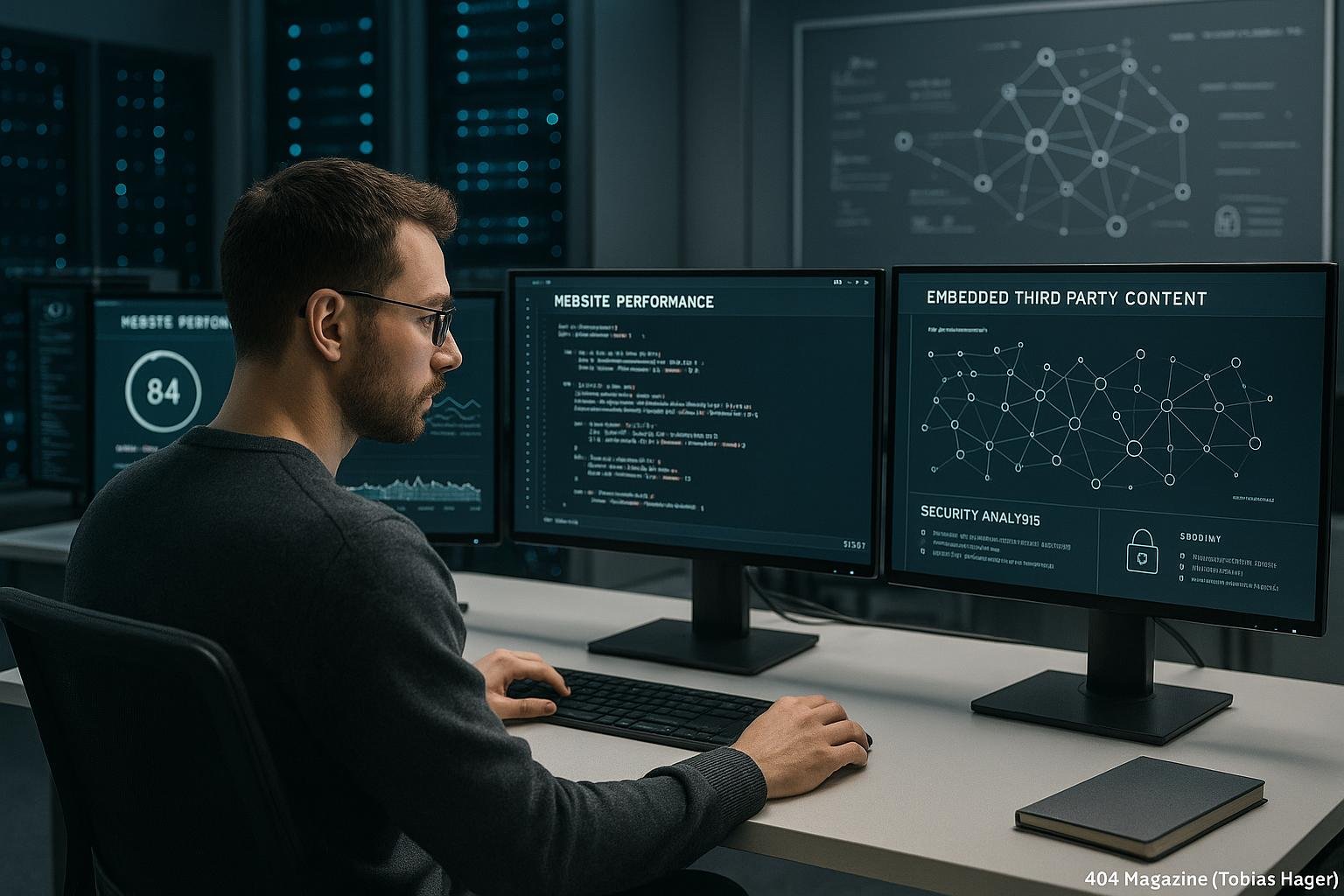Entwickler in einem modernen, technischen Büro mit Monitoren, Server-Racks und Netzwerkdiagrammen im Hintergrund, fokusiert auf Performance-Analyse und Sicherheitsoptimierung.