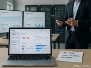 Laptop mit SEO-Tool-Interface, Notizblätter mit Fehlernotizen, Monitore mit Analyse-Diagrammen, eine Person überprüft Daten auf Tablet in einem modernen Büro