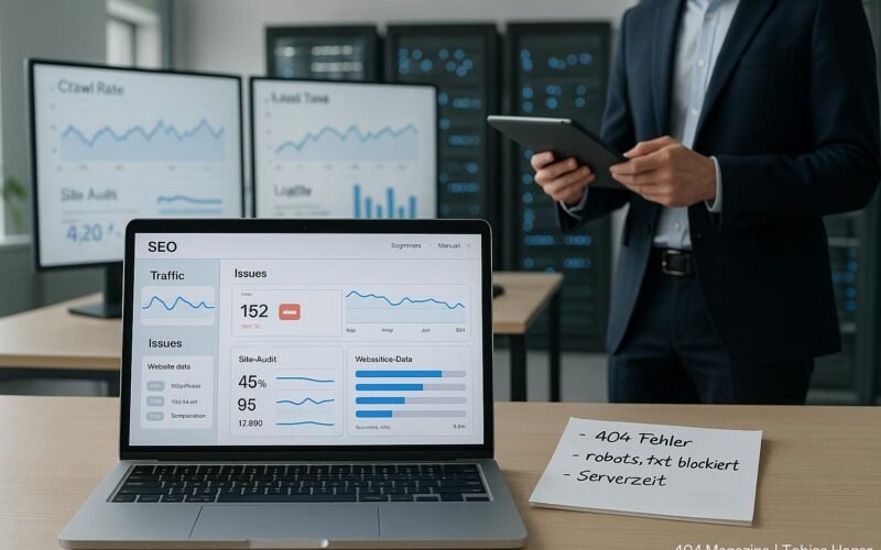 Laptop mit SEO-Tool-Interface, Notizblätter mit Fehlernotizen, Monitore mit Analyse-Diagrammen, eine Person überprüft Daten auf Tablet in einem modernen Büro