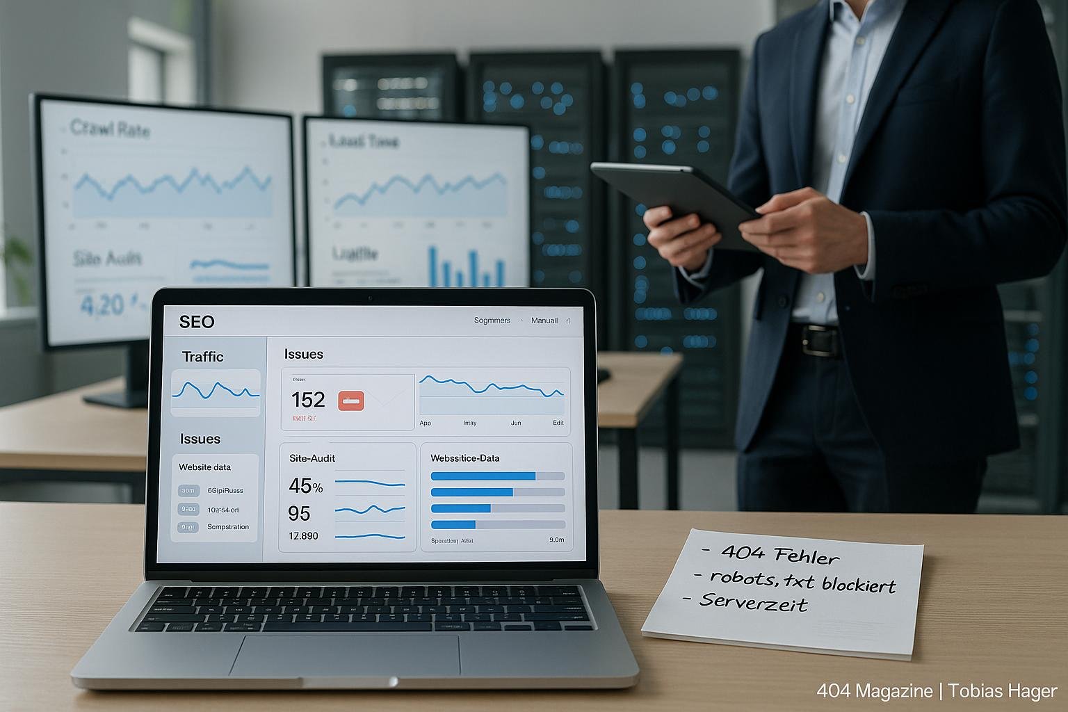 Laptop mit SEO-Tool-Interface, Notizblätter mit Fehlernotizen, Monitore mit Analyse-Diagrammen, eine Person überprüft Daten auf Tablet in einem modernen Büro