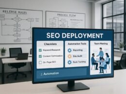 Modernes Büro mit großem Bildschirm, Whiteboards mit Skizzen, Team bei Collaboration, digitales Arbeitsumfeld