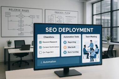 Modernes Büro mit großem Bildschirm, Whiteboards mit Skizzen, Team bei Collaboration, digitales Arbeitsumfeld