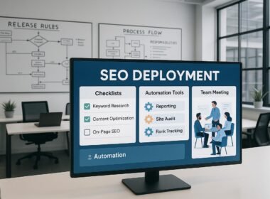 Modernes Büro mit großem Bildschirm, Whiteboards mit Skizzen, Team bei Collaboration, digitales Arbeitsumfeld